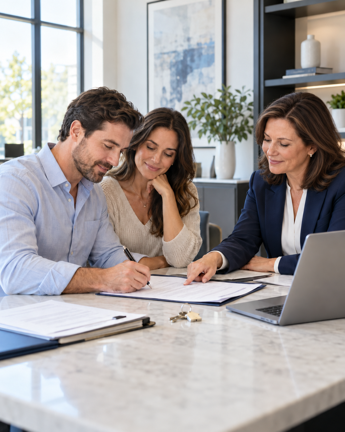 Title professional guiding clients through document signing at a closing